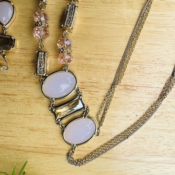 Vintage CHICO'S Necklace Earrings‎ Two Tone Pale Pink Crystal Long Tassel 23" - Picture 5 of 11